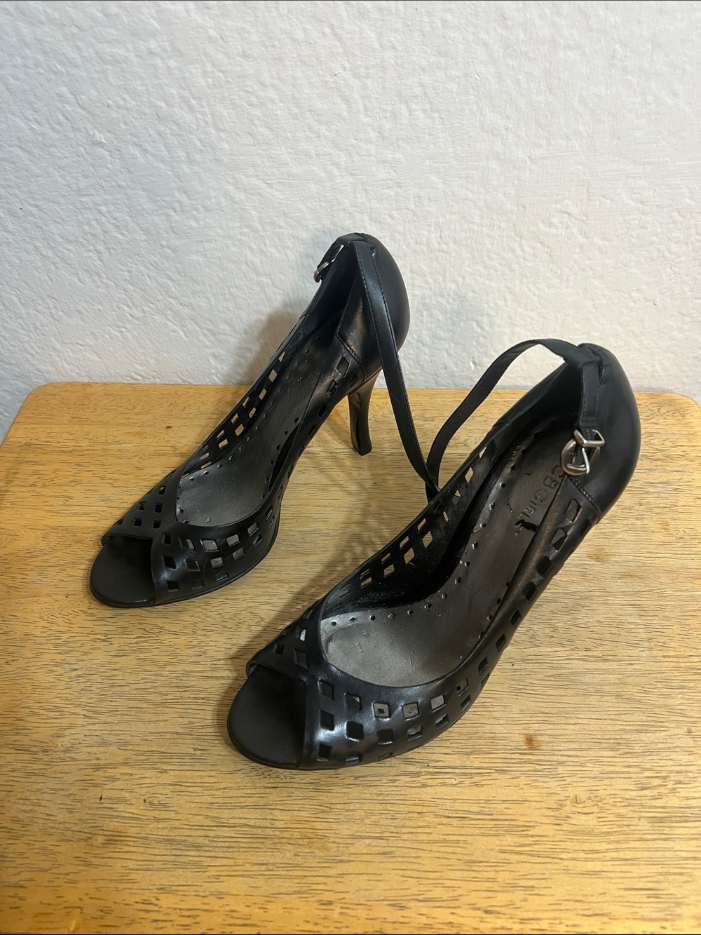 BCBG Women's Black Cutout Peep-Toe Heels with Ankle Strap